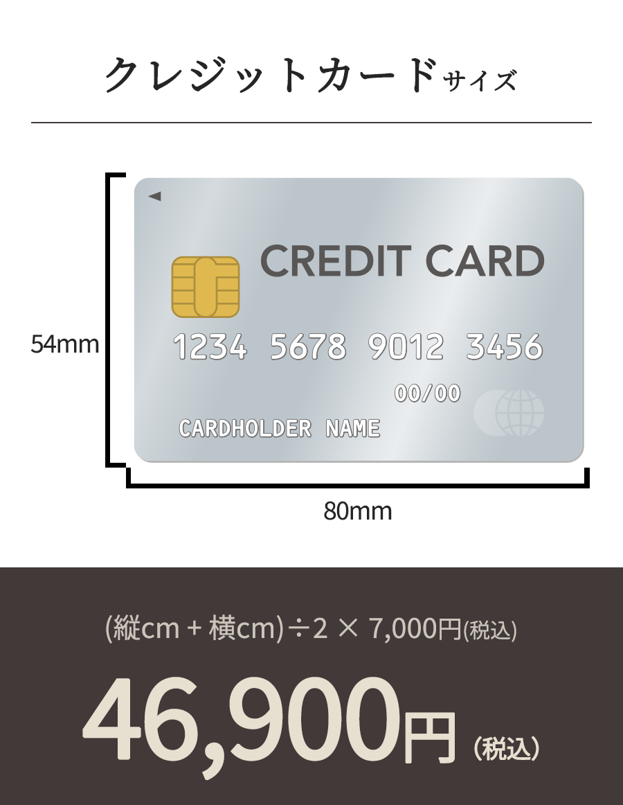 クレジットカードサイズ (縦cm + 横cm)÷2 × 7,000円(税込) 46,900円（税込）